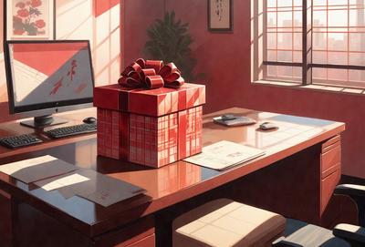 The primary subject of the image is a large red and white box sitting on a desk. The setting is an office environment, with a desk and a computer visible in the background. The visual style appears to be a painting or drawing, with a focus on the box and its surroundings. The colors and mood of the image are predominantly red and white, creating a bold and eye-catching scene.